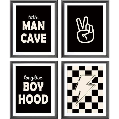Little Man Cave Retro Preppy Checkered Lightning Peace Sign Long Live Boyhood Poster Prints for Boy Teen Room Decor,Preppy Decorations Prints Wall Art Unframed 4pcs 12x16inches,Teen Boys Gifts(black)