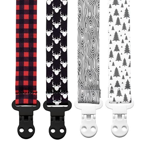 Stadela Baby Pacifier Clip Leash Soothie Teething Ring and Teether Toy Holder for Boy 4 Pack Baby Shower Birthday Gift Set Lumberjack Hunting Deer Woodland Forest Buffalo Check Plaid - Black, Gray, Red
