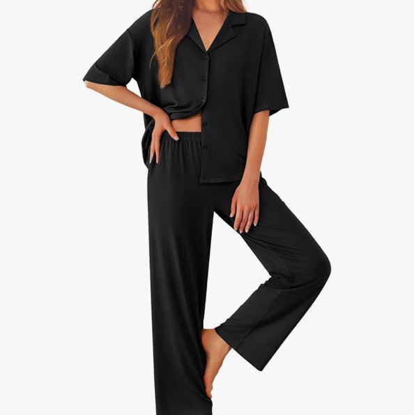 Ekouaer Women Pajamas Set Button Down Sleepwear Short Sleeve Pjs Long Pants