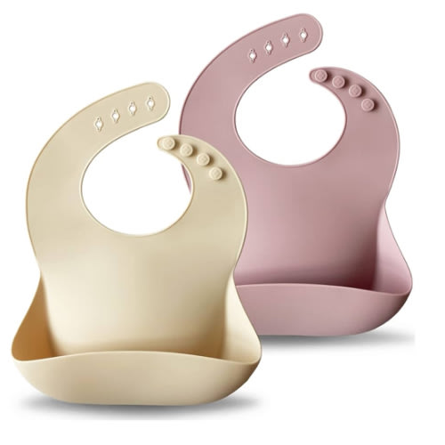 Moonkie Silicone Baby Bibs Set of 2, BPA Free Waterproof Baby Bibs for Eating, Soft Adjustable Silicone Bibs for Babies 6-12 Months, Toddler Bibs with Pocket Food Catcher (Pale Mauve/Shifting Sand)