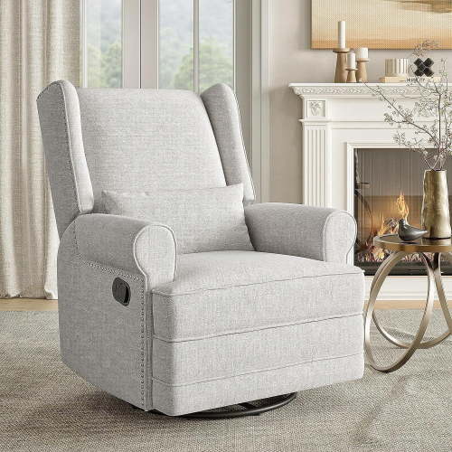 Royalcraft Swivel Nursery Glider Recliner, Comfy Upholstered Glider Chair with Lumbar Pillow and Footrest, Swivel Rocking Chair for Living Room, Grey