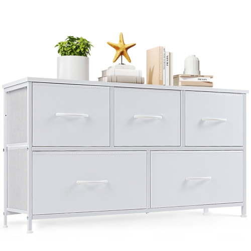 CONCETTA 5 Drawer Dresser for Bedroom, Tall Chest Organizer with Fabric Bins, Steel Frame, White