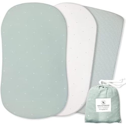 POPPI & MAX 100% Organic Bassinet Sheets for Baby Girl + Boy – Fitted Sheets for Halo, Snoo, Dream on Me Karley, Baby Delight, Ingenuity + More – Jersey Cotton Bassinet Covers – Misty Sage – 3 Pack
