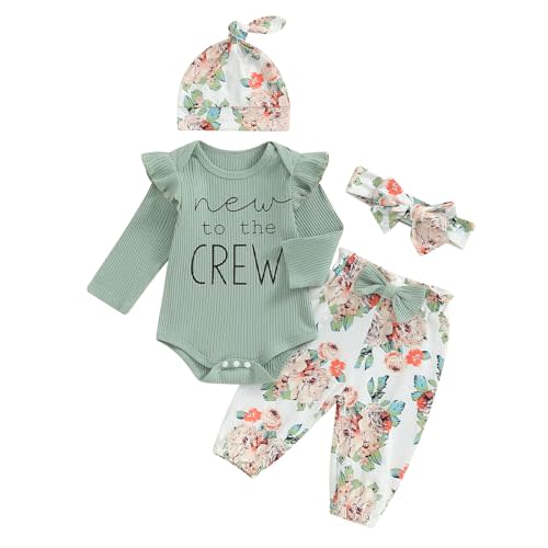 Madjtlqy Newborn Baby Girl Fall Winter Clothes Long Sleeve Ribbed Romper Top Bow Pants Headband Hat Set Coming Home Outfits