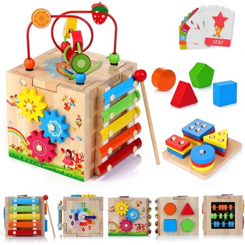 HELLOWOOD Wooden Activity Cube, 8-in-1 Montessori Toys for 1+ Year Old Boys & Girls, Educational Learning Toys for Toddlers Age 1-2, First Birthday Gift | Bonus Sorting & Stacking Board and Word Cards - Blue Packaging