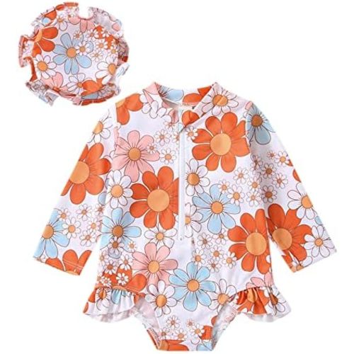 Baby Girl Swimsuit Zip Rash Guard Ruffled Long Sleeve One Piece Swimwear Toddler Bathing Suit Rashguard Beach Wear
