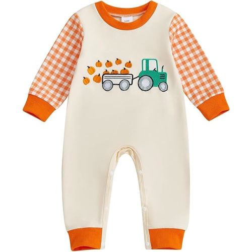 Baby Halloween Outfit Boy Girl Newborn Pumpkin Romper Long Sleeve Crewneck Embroidery Jumpsuit Halloween Baby Clothes