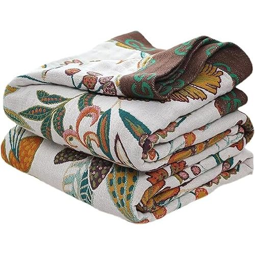 Fall Throw Blanket for Couch Bed Chair, 100% Cotton Muslin 4-Layer Breathable Woven Throws 60''x 80'' Boho Vintage Quilt for All Seasons Warm Lightweight Farmhouse Pre-Washed Blankets Home Decoration