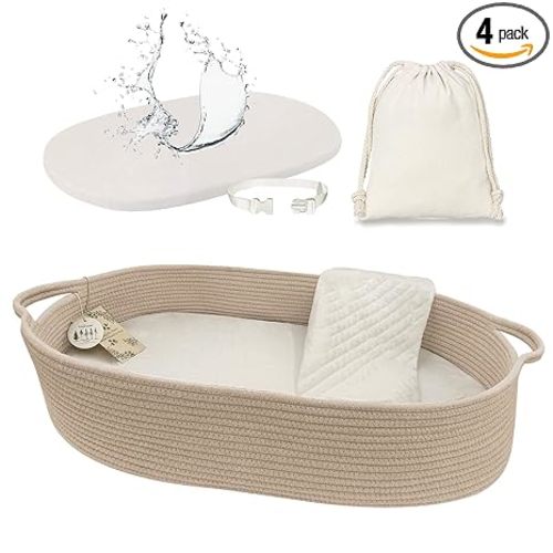 meloom Baby Changing Basket with Pads and Safety Belt- 100% Cotton Boho Baby Moses Basket Changing Table and Thick Pad with Waterproof Mattress Cover, Nursery Decor in Taupe Color with Storage Bag