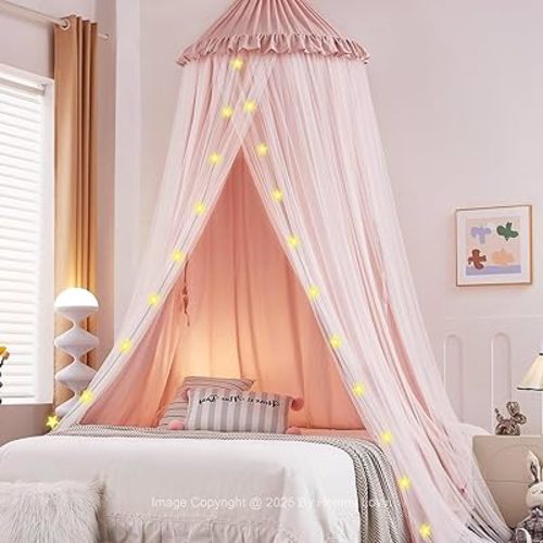 Double Layers Bed Canopy with Star Lights, 3 Pieces Layers Canopy for Girls Bed, Princess Round Dome Dreamy Play Tent, Hanging Kids Reading Nook Mosquito Net, Machine Washable - Light Pink
