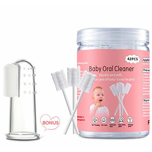 EASICUTI Baby Tongue Cleaner, Baby Toothbrush, 42Pcs Disposable Infant Toothbrush Clean Baby Mouth,Gauze Gum Cleaner Baby Oral Cleaning Stick Dental Care for 0-36 Month Baby+Free 1 Finger Toothbrush