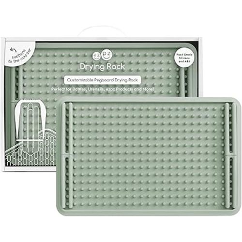 ezpz Drying Rack (Sage) - 100% Silicone Collapsible Dish Drying Rack + Suctions in Place + Adjustable Pegs - Dishwasher Safe - Durable Long-Lasting