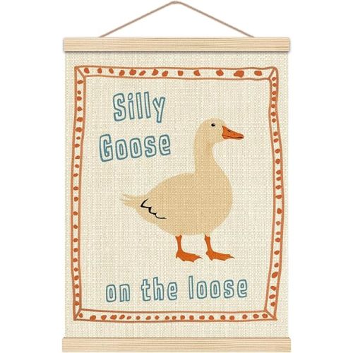 HKTZM Goose on the Loose Wall Decor, Goose Nursery Decor, Geese Gifts Wall Art With Wooden Poster Hanger, Funny Farm Animal Posters Walls Decoration for Kids Bedroom Playroom, 12x16 Inch