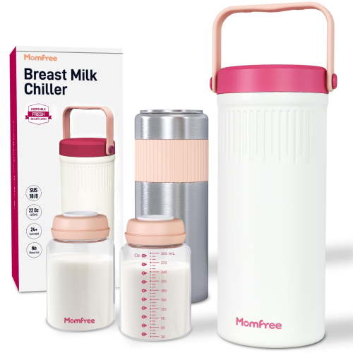 Momfree 22oz Portable Breast Milk Cooler for Breastmilk Storage, Liquid Gold Saver 360° Cooling Keeps Milk Fresh for 24 Hours, Larger Capacity Breastmilk Chiller with 2pcs Bottles for Outdoor