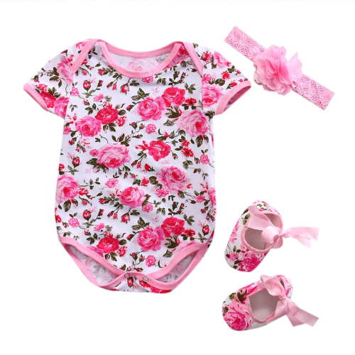 Qtinghua Newborn Baby Girls 3Pcs Set: Short Sleeve Leopard/Floral Romper, Headband, Shoes in Pink (0-3 Months)