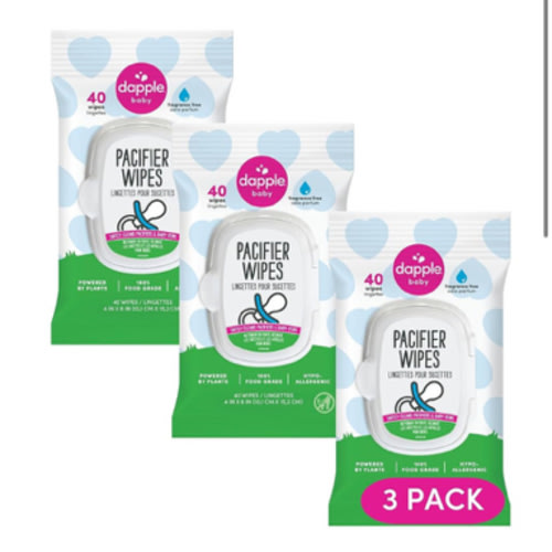 Dapple Pacifier Wipes, for Baby and Toddlers, Diaper Bag Essentials, Fragrance Free 40 Ct, Pack of 3