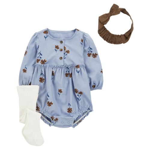 Baby 3-Piece Bubble Suit & Yarn Tights Set  - Style,Blue Floral