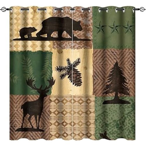 Camouflage Blackout Curtains, Vintage Lattice Rustic Camouflage Hunting Bear Deer Room Drapes Window Curtain for Bedroom Living Room Set of 2 Curtain Panels Home Fashion 42x63 Inch