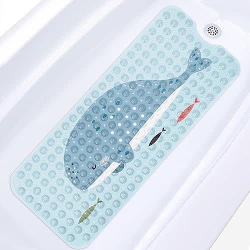 Cute Whale Ocean Bathtub Shower Mat Funny Kids Sea Non-Slip Tub Mat Extra Long Bath Floor Mats 40X16 Inch Machine Washable for Bathroom Tub Bath Mat for Toddler and Baby