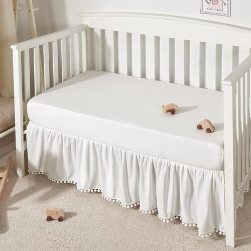 TILLYOU Ruffled Crib Skirt with Pompoms, Microfiber Nursery Crib Toddler Bedding Skirts for Baby Boys Girls, 14'' Drop, White - Polyester