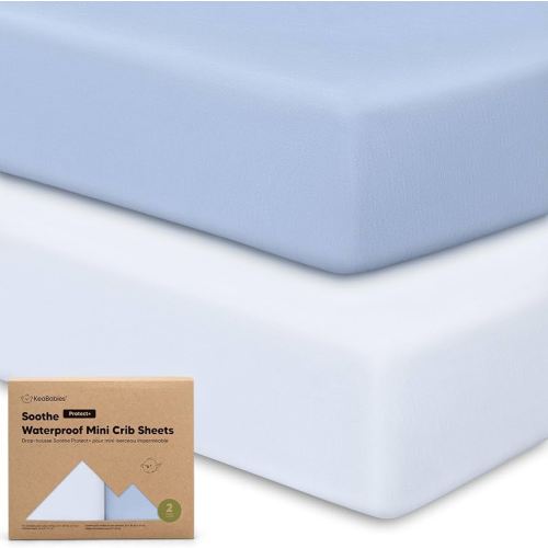 2 Pack and Play Sheets, Waterproof Mini Crib Sheets Fitted - 38x26 Organic Cotton Pack N Play Sheets for Graco Pack and Play Mattress, Playard Baby Crib Sheets,Neutral for Boy,Girl,Toddler(Blue Flax)