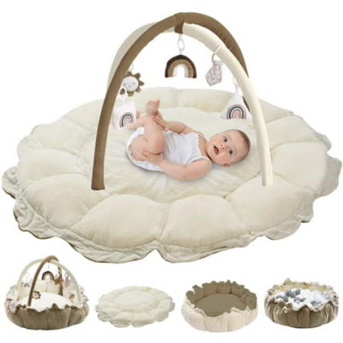 5-in-1 Convertible Baby Play Gym with 6 Toys, Tummy Time Mat for Sensory Development, Baby Activity Center from Newborn to Toddler, Ball Pit, Cat & Dog Bed, Soft Plush Pet Bed, No Ball Included Brown