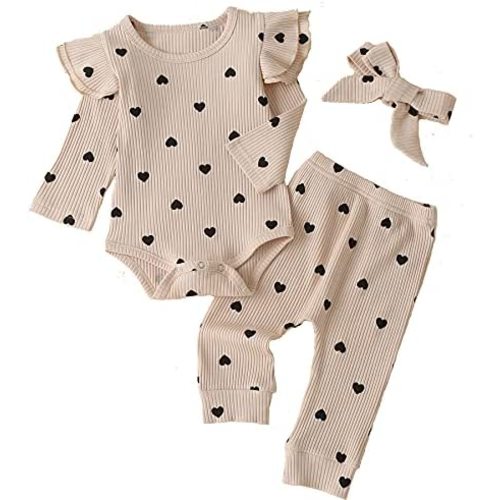 Fullfamous Baby Girl's 3pc Rib Frill Long Sleeve Romper and Pant Set