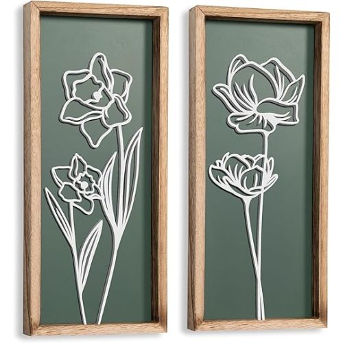 3D Floral Green Wall Art (Set of 2) Lightweight, Wooden Ready-to-Hang Boho Framed Wall Art for Bathroom, Bedroom, Living Room or Office – Premium Sage Green Farmhouse Decor – Gift-Boxed