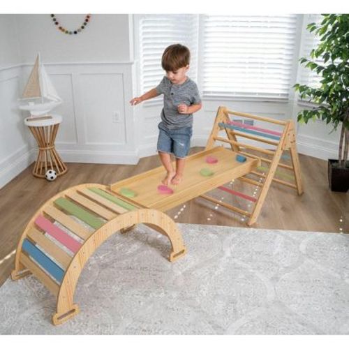 Pikler Triangle Set with Ladder Slide and Rocker - Rainbow