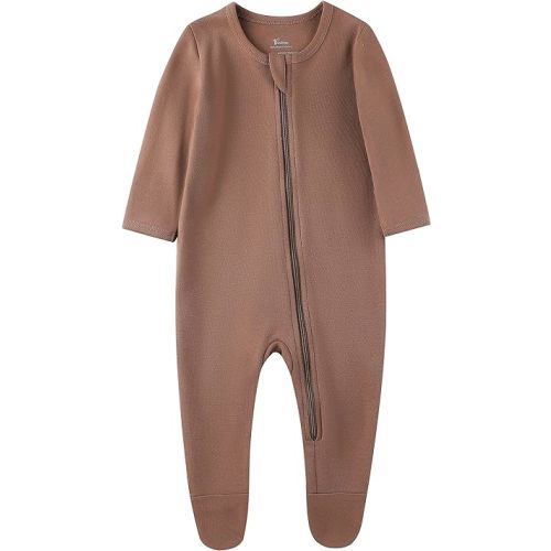 O2 BABY Baby Boys Girls Organic Cotton Zip-Front Sleeper Pajamas, Footed Sleep 'n Play - Brown - Newborn