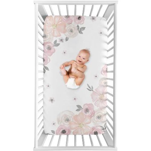 Sweet Jojo Designs Girl Photo Op Fitted Crib Sheet Watercolor Floral Pink Grey And White