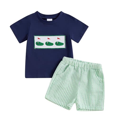 Aiwpstoin Toddler Baby Boy Summer Outfits Embroidered Short Sleeve T Shirt Top Plaid Gingham Boxer Shorts Set