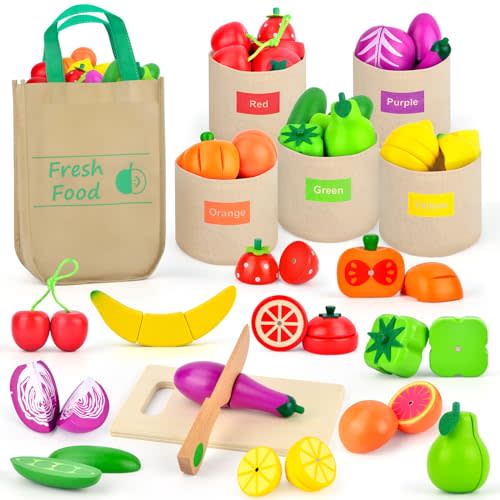 LilKisThk Wooden Play Food Set Color Sorting Toys, Pretend Food for Play Kitchen Accessories Toddler Fruit Veggies Cutting Toy, Grocery Store Pretend Play for Kids Kitchen