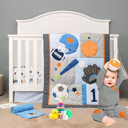 Brandream Sport Baby Crib Bedding Sets - No.1 Champ Ball Theme Boys Nursery Set | 3-Piece Nursery Set | Baby Quilt, Fitted Crib Sheet, Dust Ruffled Included - Blue & Grey