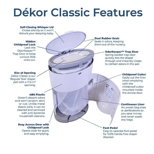 Diaper Dekor Classic Hands-Free Diaper Pail | White | Easiest to Use | Just Step – Drop – Done | Doesn’t Absorb Odors | 20 Second Bag Change | Most Economical Refill System - white