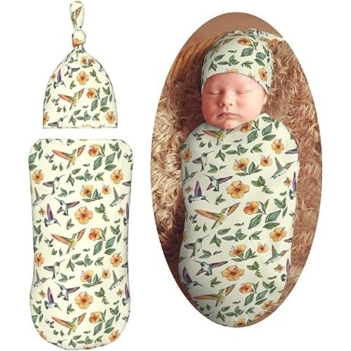 Cute Hummingbirds and Flower Newborn Swaddle Blankets Hat Sets Soft Baby Receiving Blanket Swaddle Sack for Baby Shower Infant Boy Girl Gift