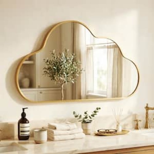 35 in. W x 20 in. H Cloud-shaped Gold Aluminum Alloy Framed Wall Mirror Asymmetrical Wall Mirror