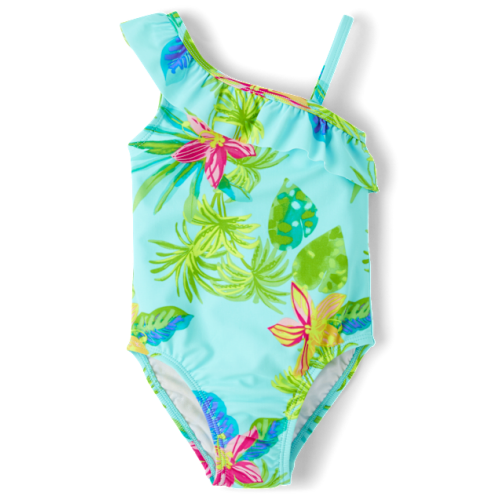 Baby And Toddler Girls Tropical One Shoulder One Piece Swimsuit - Blue