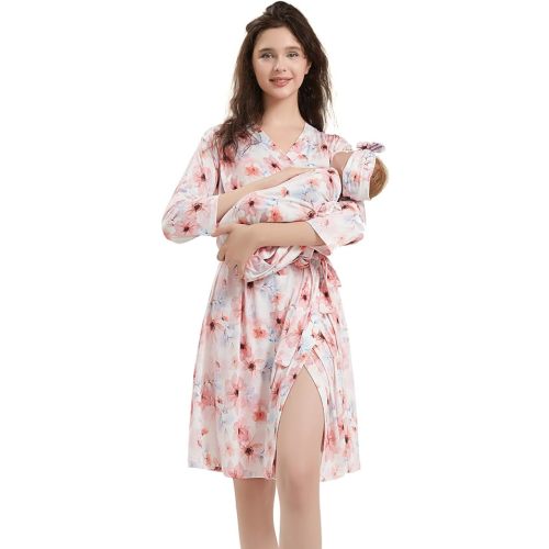 Galabloomer Maternity Robe and Baby Receiving Blanket, Matching Mommy Labor Delivery Robe and Swaddle Set (s, pink blue)
