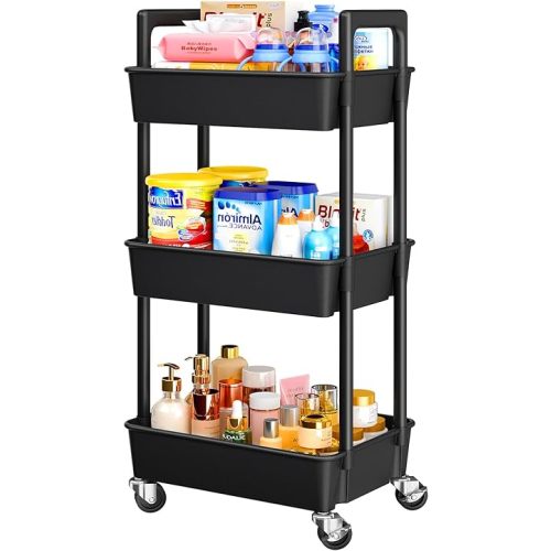Pipishell 3 Tier Rolling Cart Organizer, Plastic Rolling Cart with Lockable Wheels & Reinforced Handle, Lightweight Utility Cart Storage Cart for Nursery, Kitchen, Bathroom, Craft Room, Black, PIUC14B