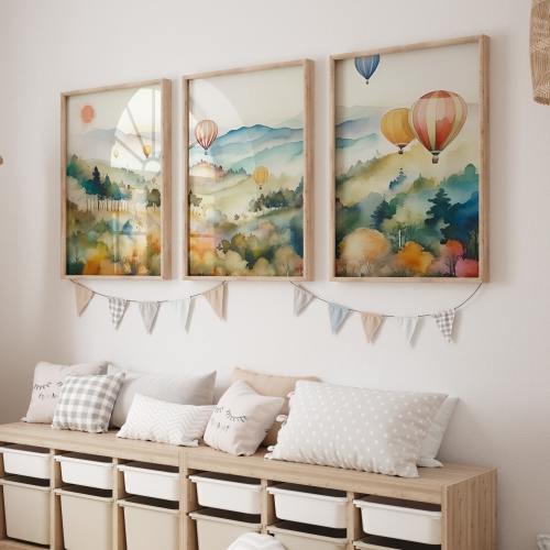 Hot Air Balloon Nursery Prints, Set Of 3 , Neutral Boho Wall Decor, Cottagecore Decor, Watercolour Print, DIGITAL DOWNLOAD