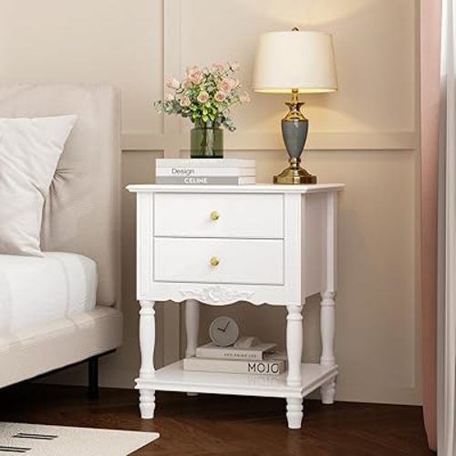 Accent Nightstand with 2 Drawers, Shelf & Carve Pattern, Modern Wooden Night Stand Bedside Table, Versatile End Table Sofa Bed Side Table for Bedroom Living Room, White