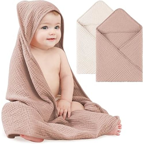 Bearmoss Muslin Baby Bath Towels 100% Cotton Baby Hooded Bathing Towels for Newborn Unisex Baby Boys Girls Infants Toddlers & Kids - 30x30in 2Pack(Sand)