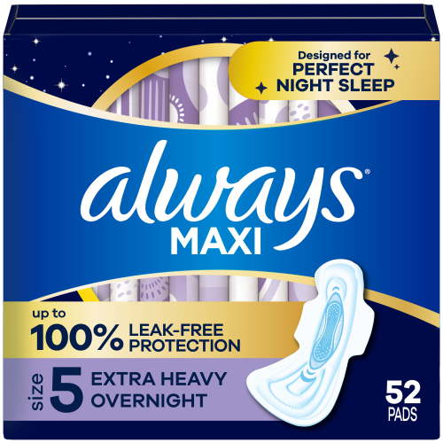 Always Maxi Overnight Pads with Wings for Women, Size 5, Extra Heavy Overnight Absorbency, Unscented, 52 Count HSA/FSA Eligible