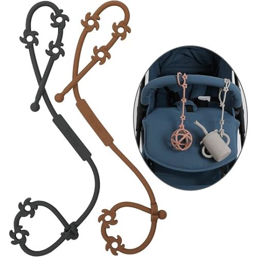 Toy Safety Straps, Food Grade Silicone Pacifier Clips Sippy Cup Strap Stretchable Adjustable for Strollers, High Chair, Cribs, Hanging Baskets, 2 Pack (Clay+Dark Grey)