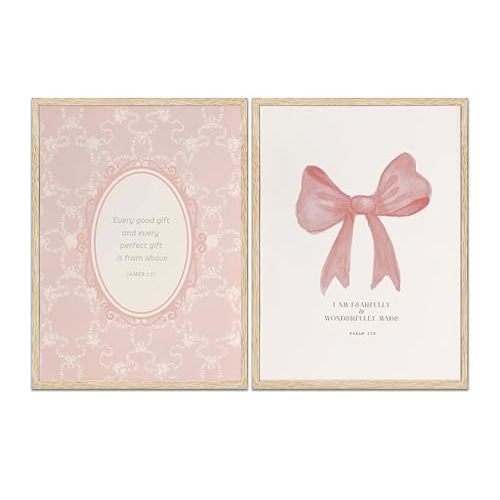 2pcs Pink Bow Wall Art Bible Verse Scripture Canvas Coquette Prints Aesthetic Trendy Posters Every Good And Perfect Comes From Above Pictures Bow Christian Wall Decor For Bedroom Living Room Unframed
