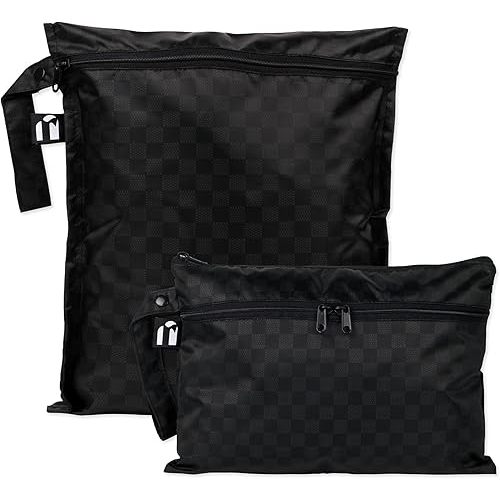 Bumkins - Waterproof Wet Bag & Wet/Dry Clutch Bags - For Beach, Baby, Travel, Swim Suit, Cloth Diapers, Pump Parts, Pool, Gym, Toiletries - Reusable & Easy to Clean - Black Check - 2 Pack