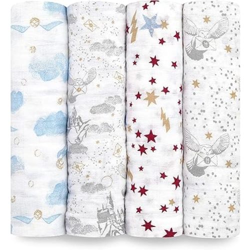 aden + anais Boutique Muslin Swaddle Blanket for Baby Girls and Boys, Newborn Receiving Blanket for Swaddling, 100% Muslin Cotton Swaddle Wrap,4 Pack, Harry Potter