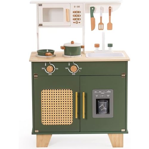 ROBUD Kids Kitchen Playset, Vintage Wooden Play Kitchen with Ice Dispenser, Pretend Toddlers Kitchen Toy with Accessories, Baby Gift for Ages 3 4 5 6 7 8