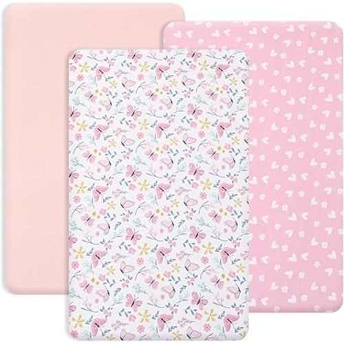 PHF 3 Pack Soft Mini Crib Sheets, Butterfly Pack N Play Sheets for Baby Girls, No Slip Universal Fit for Pack N Play, Playard, Portable and Mini Crib Mattresses, Butterfly
